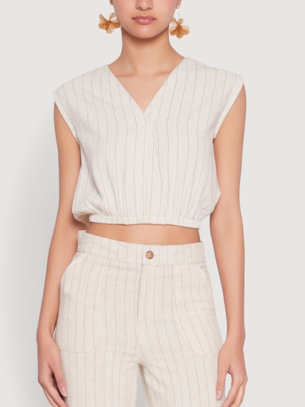 Love Cream Pinstripe V-Neck Cropped Tank Tan Black Beige Size Small